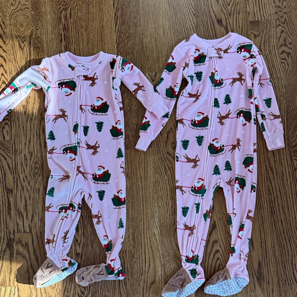 Pink Santa and Reindeer Kids One Piece Pajamas